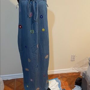 Zara Blue Maxi Skirt with Colorful Embroidery